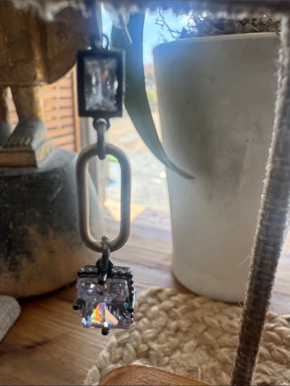 MIxed Metal Geometric Crystal Drop Earrings Gunmetal and Gold Tone - Picture 2 of 4